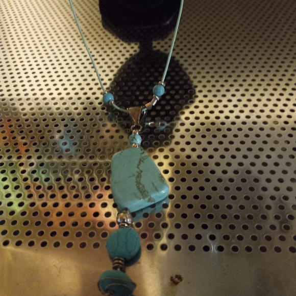 Turquoise leather 18 inch cording necklace with natural  stone - Picture 2 of 4